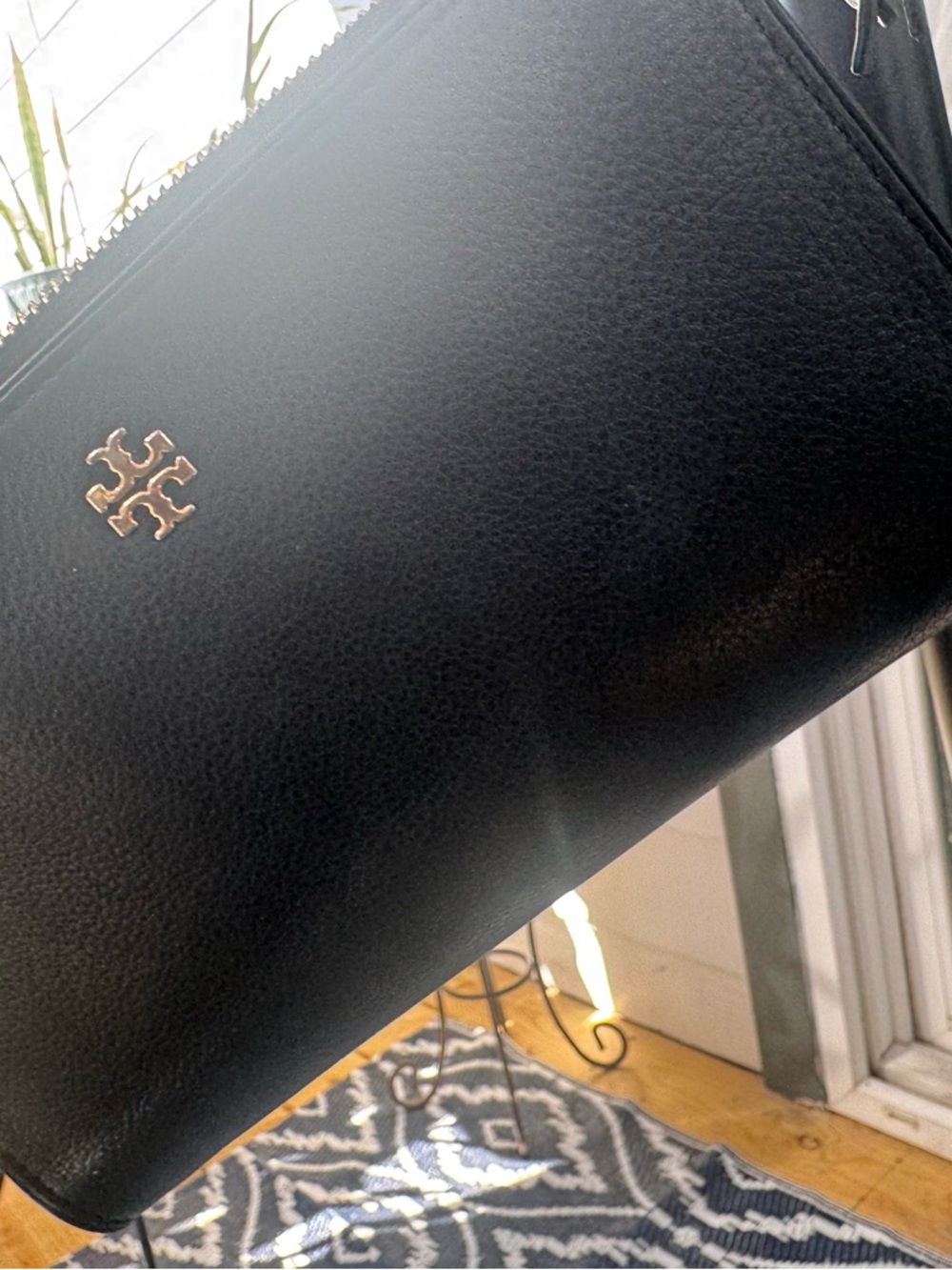 Tory Burch Black Leather Toiletry Pouch with Gold Logo